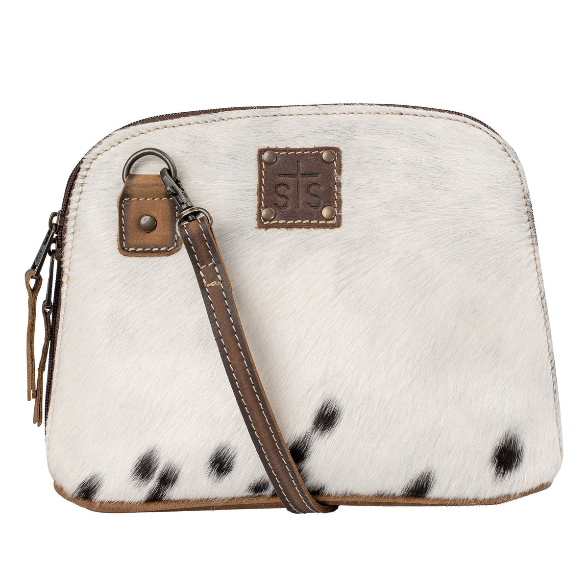 STS Ranchwear Women's Cowhide Weezy Crossbody, White and Black Hair-On – front