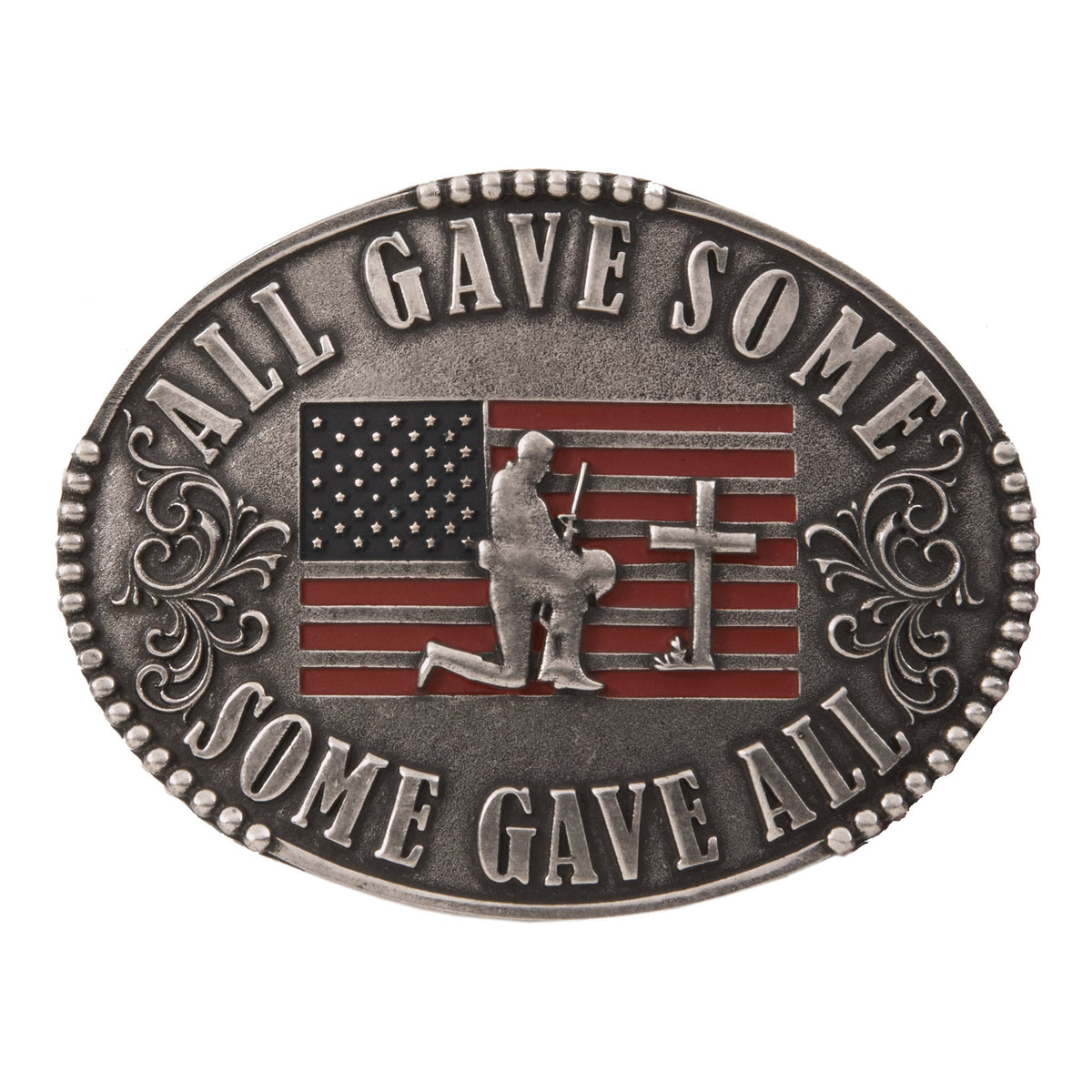 AndWest All Gave Some, Some Gave All belt buckle with patriotic design featuring engraved text and American flag elements.
