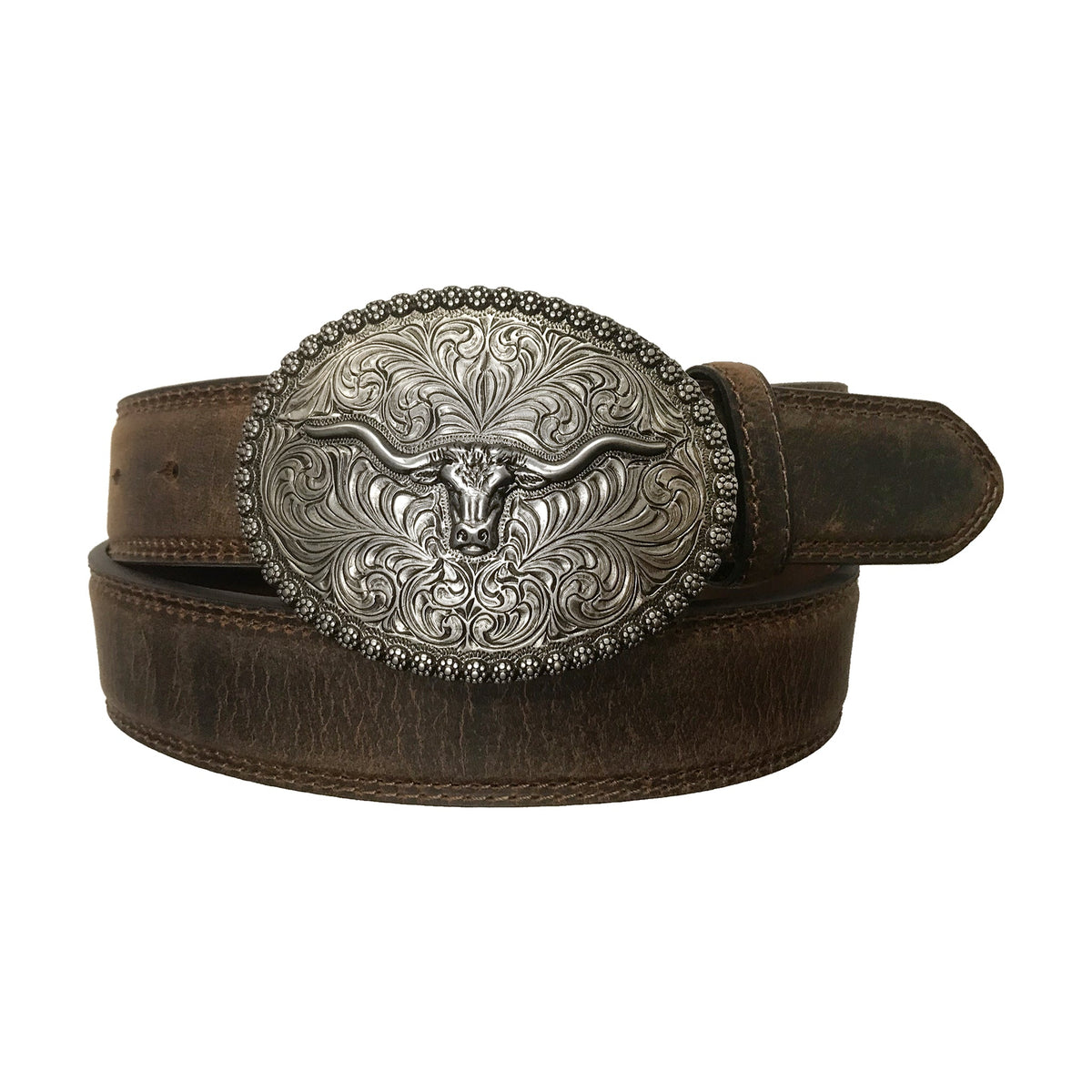 AndWest 1 1/2-inch Longhorn Berry Edge Plaque Buckle Belt showing the leather belt with a decorative buckle and berry edge design.