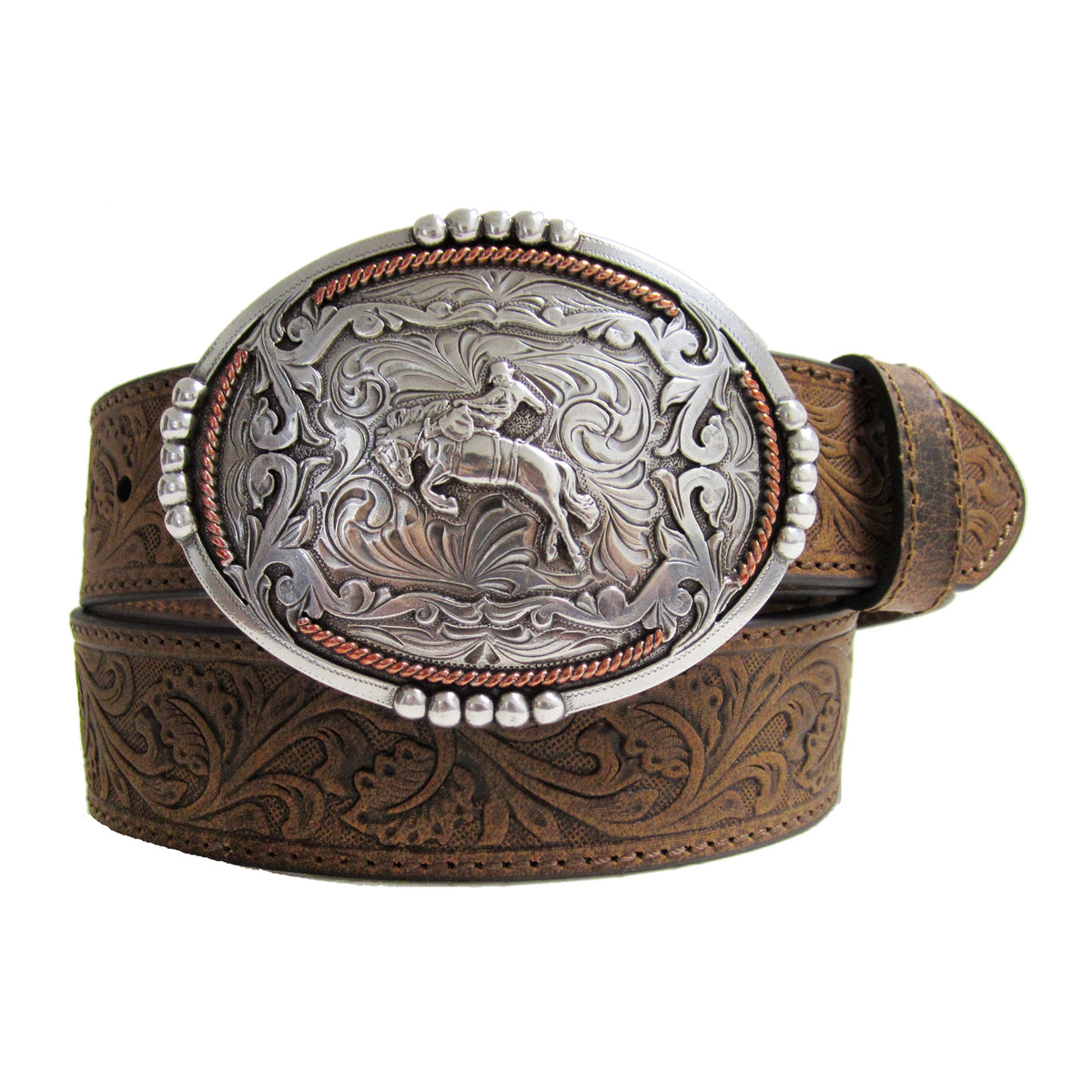 AndWest 1 1/2-inch tooled Buckin’ Bronc Rider buckle belt with detailed leather tooling and metal buckle design.