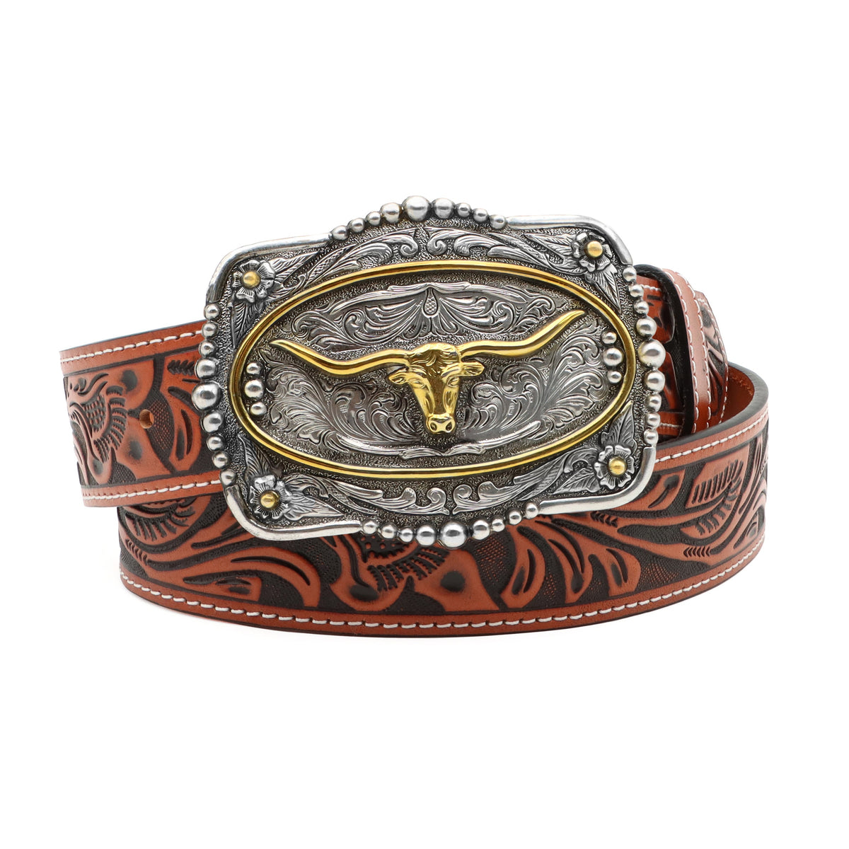 AndWest 1 1/2-inch tooled leather belt with longhorn buckle, featuring detailed western-style tooling and craftsmanship.