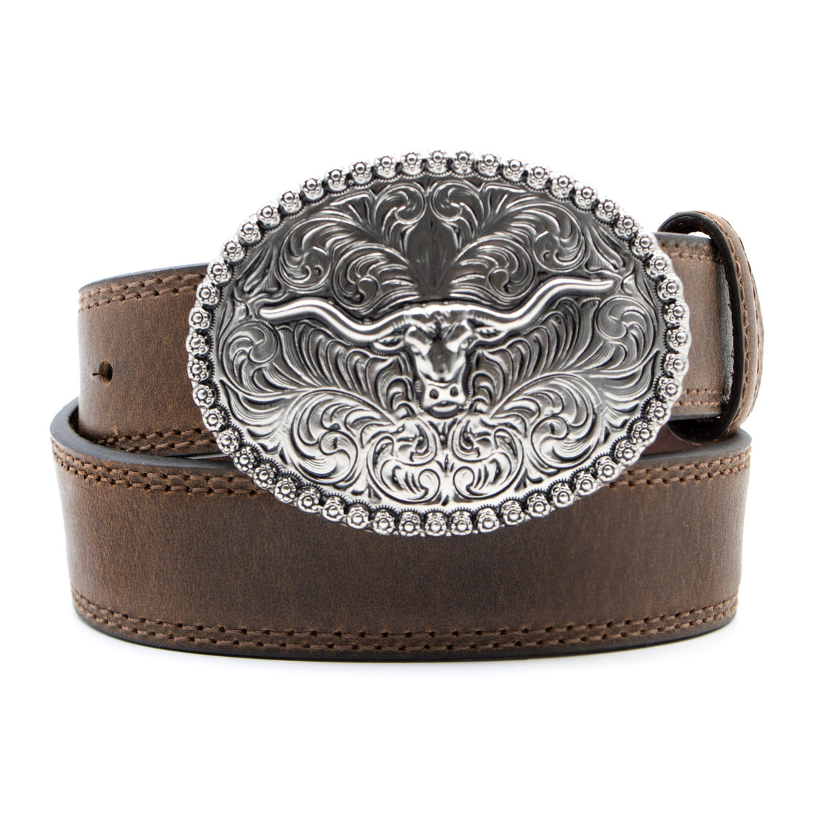 AndWest Kids' 1 1/4 inch scrolled Longhorn buckle belt with leather strap for children, featuring a Western-style buckle.