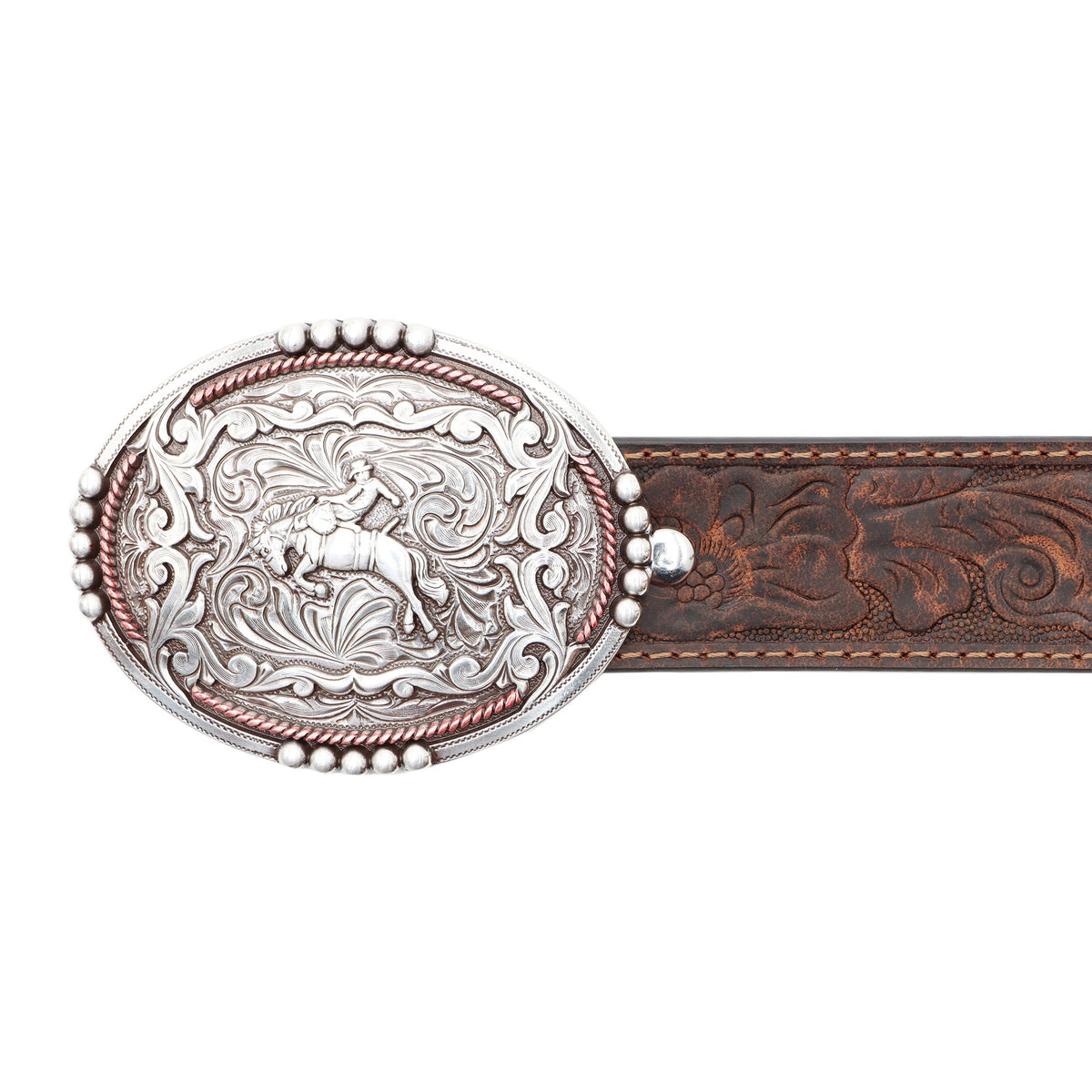 AndWest Kids’ 1 1/4-inch tooled buckin’ bronc rider belt with detailed leather tooling and buckle design.