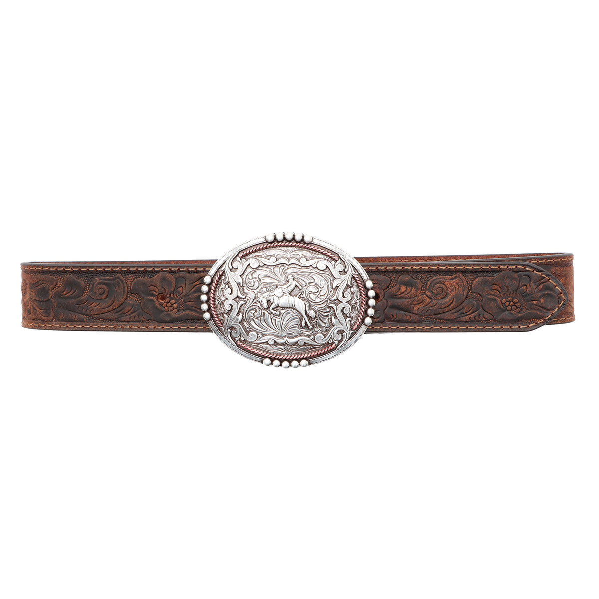 AndWest Kids' 1 1/4" tooled Buckin’ Bronc Rider belt with detailed leather tooling and buckle design for kids' western style.