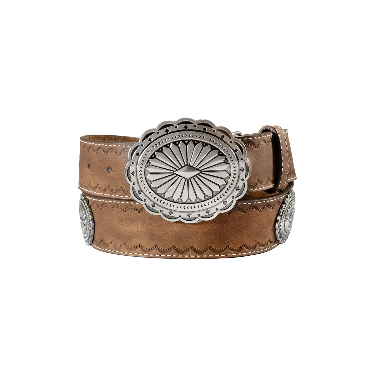 Angel Ranch Women's 1 1/2" Scalloped Concho Belt, Brown – front