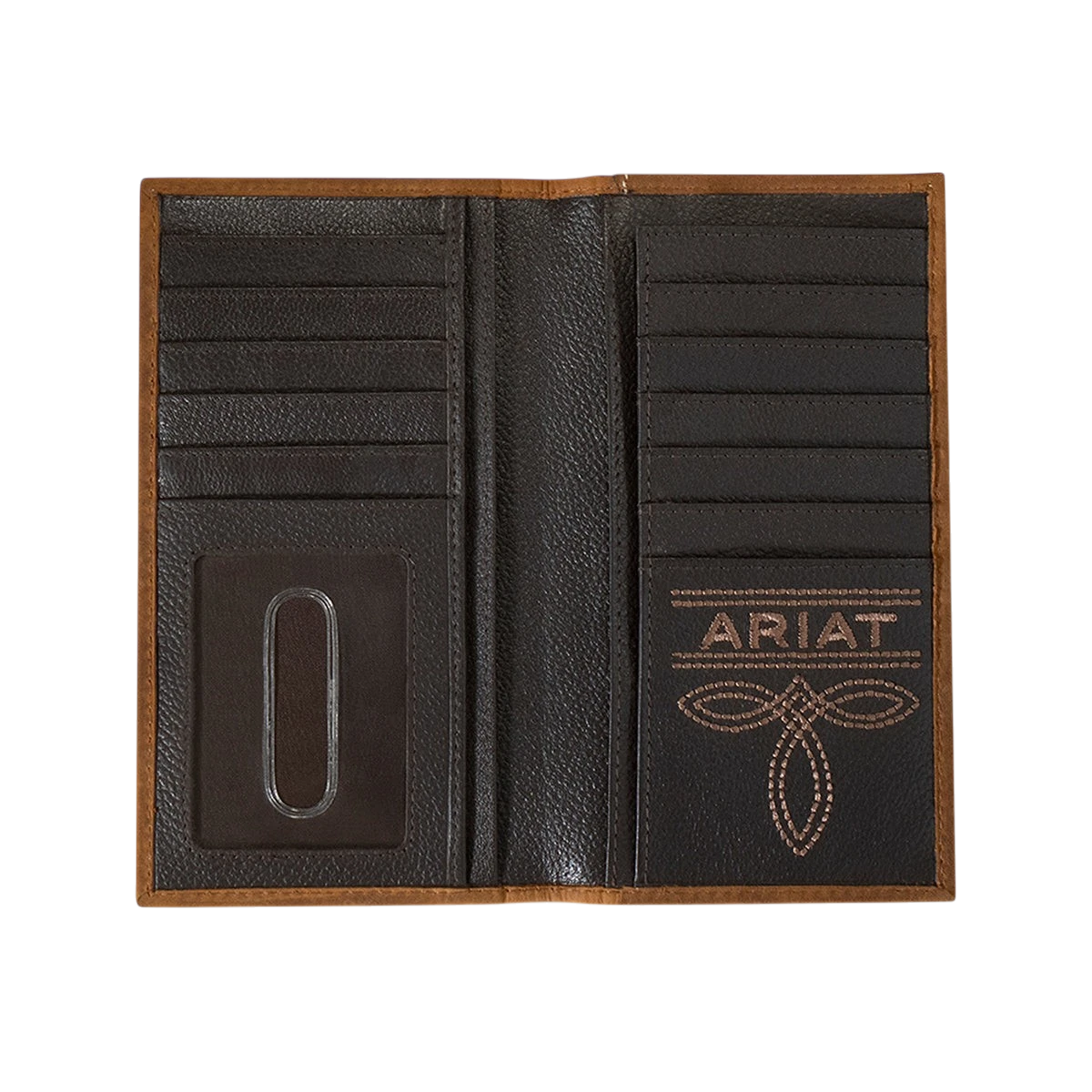 M&F Ariat American Flag Rodeo Wallet with leather design and patriotic flag detail, ideal for western style accessories.