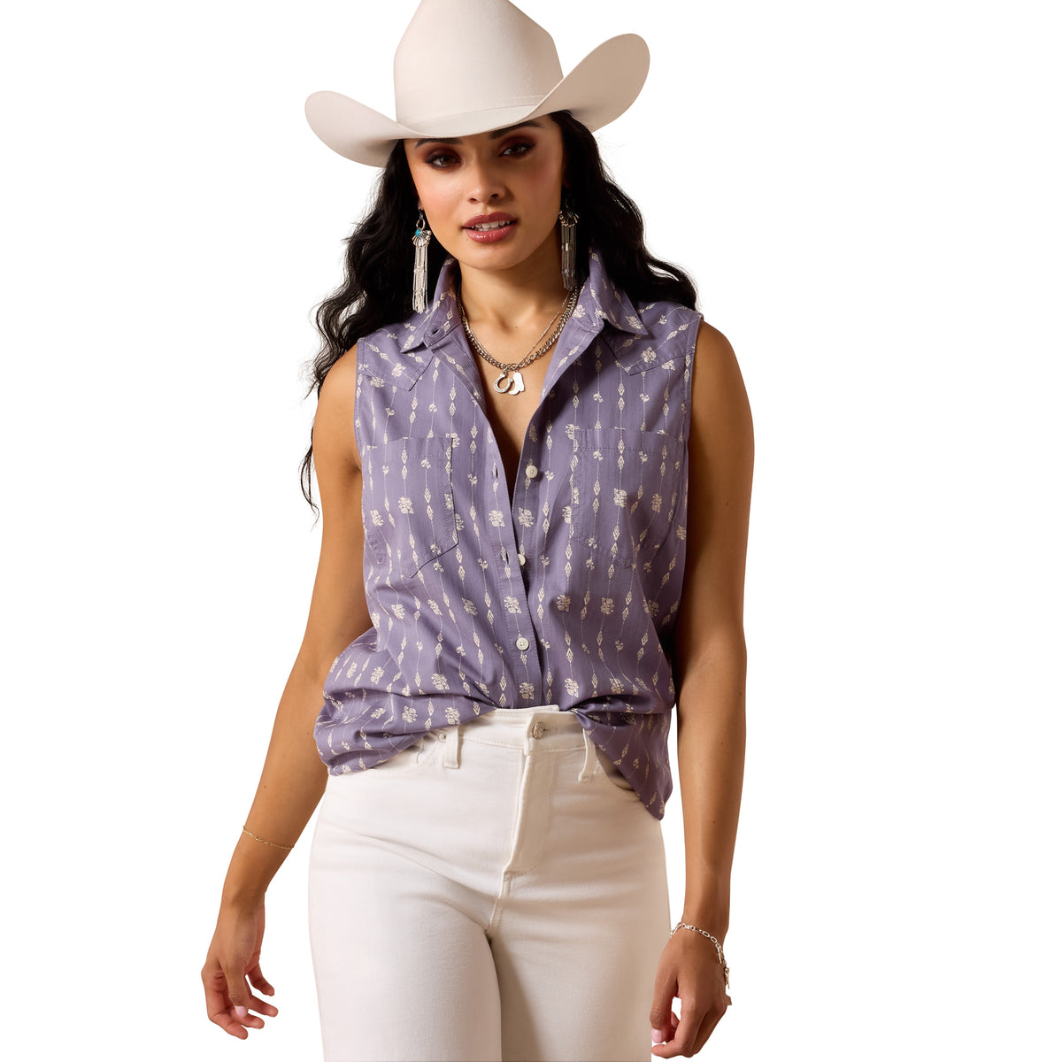 Ariat Billie Jean sleeveless shirt in Blue Granite Dewdrop color, featuring a casual fit and sleeveless design, perfect for warm weather.