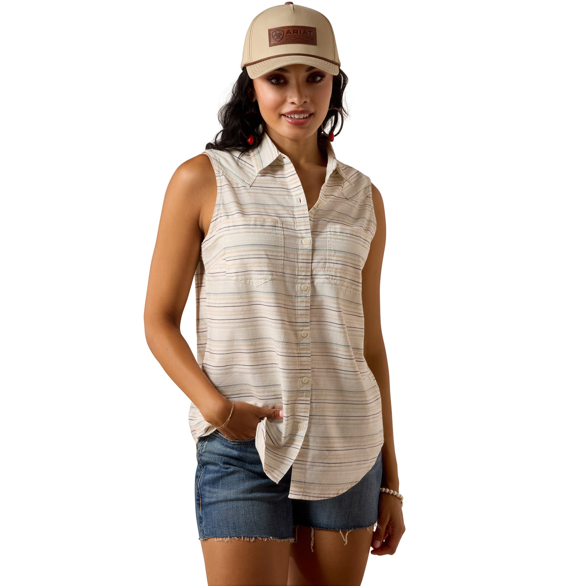 Ariat Billie Jean sleeveless shirt in radiant stripe pattern, lightweight casual shirt with a collar and sleeveless design.