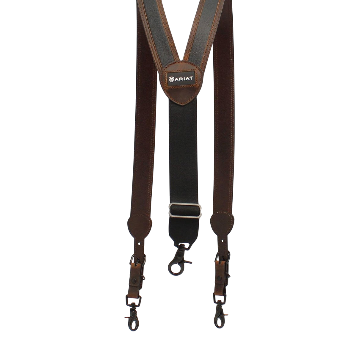 Ariat black leather Gallus suspenders with distressed edges and inlay design, featuring metal clips and adjustable straps.
