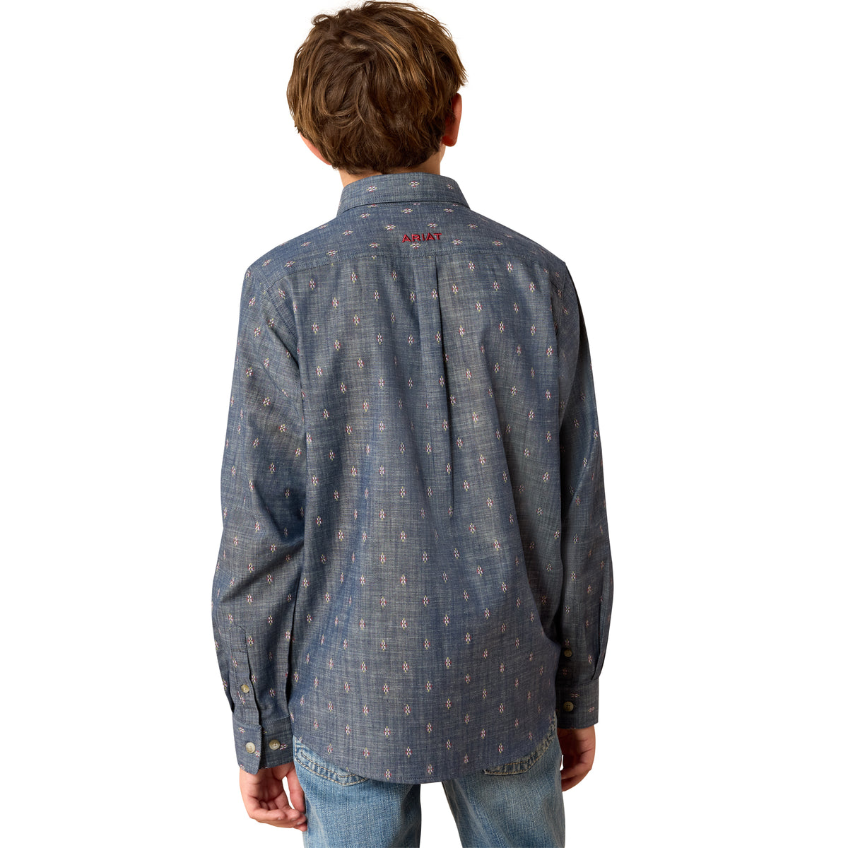 Ariad Boys Casual Teague Shirt in chambray blue with medallion print, featuring a classic button-up design and collar.