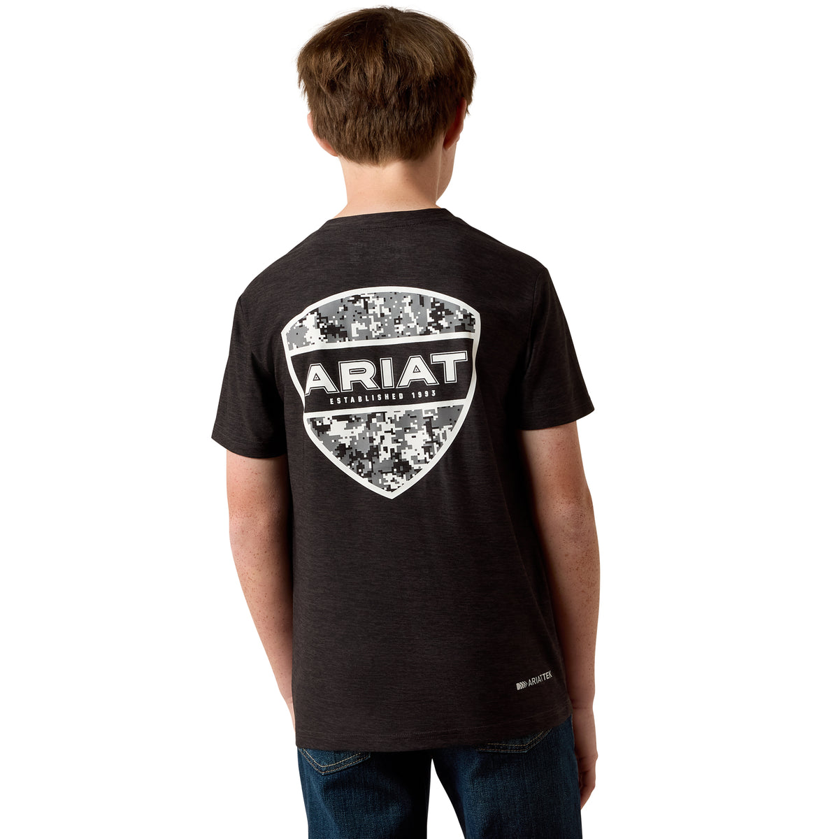 Ariat boys' grey heather Digi Shield T-shirt featuring a graphic design, casual fit, and short sleeves.