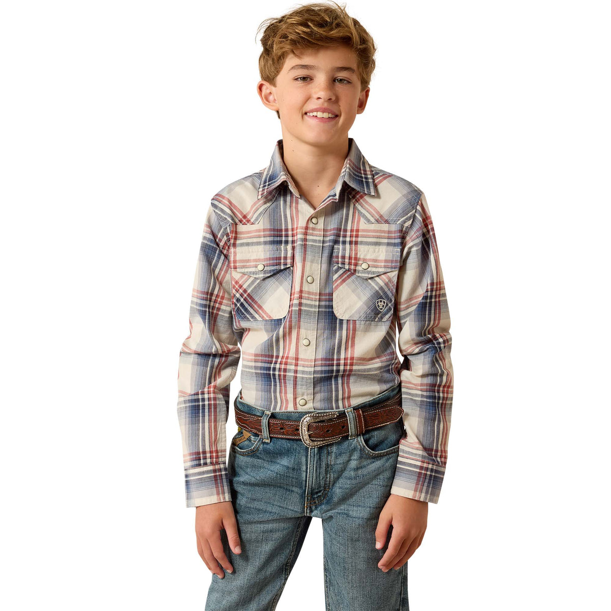 Ariat Boys Hawthorn Retro Shirt in dawn blue plaid with a classic collar and button-down front, casual kids' shirt.