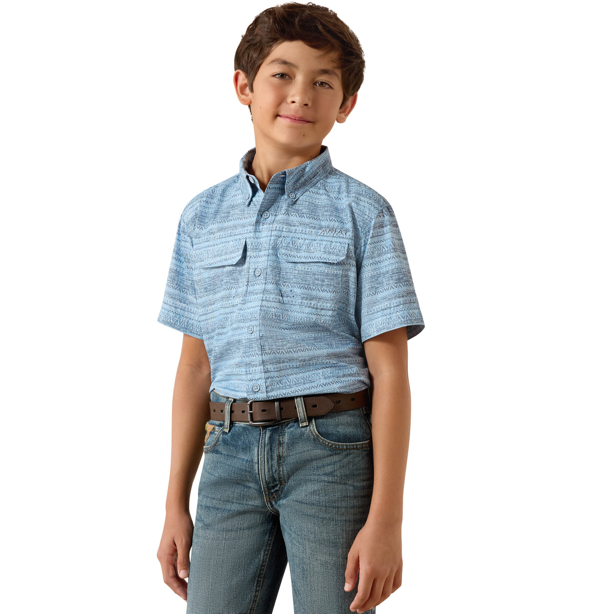 Ariat boys' printed VentTEK Outbound classic fit shirt in Blissful Blue, featuring a stylish pattern and comfortable design.