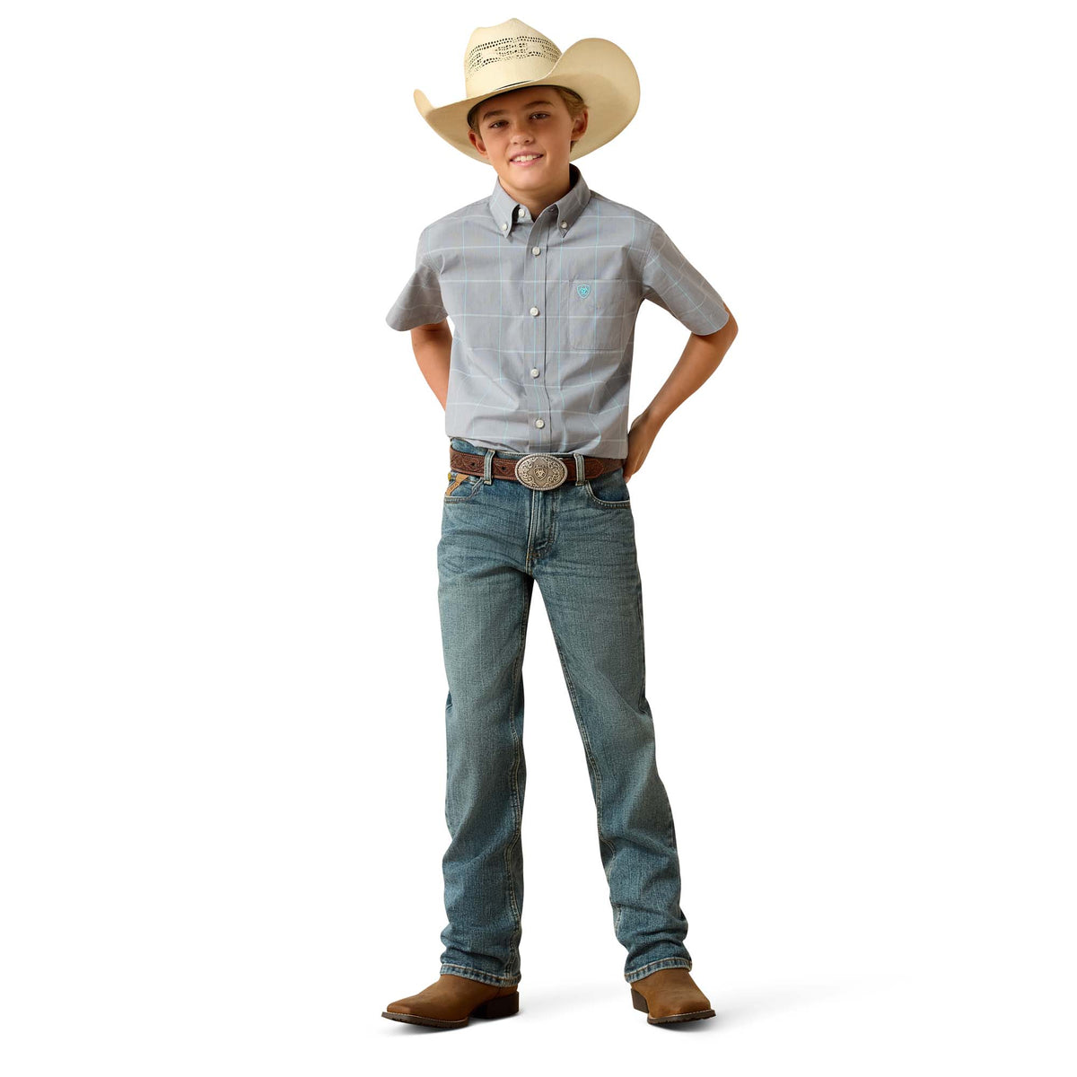 Ariat Boys Pro Series Percie Shirt in Excalibur Plaid, a casual button-up shirt with red and navy plaid pattern.