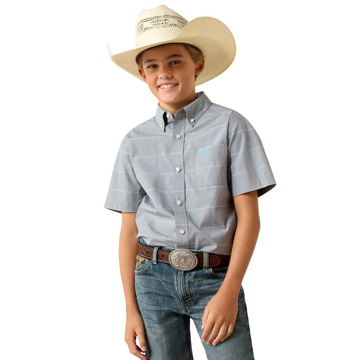 Ariat Boys Pro Series Percie Shirt in Excalibur Plaid with long sleeves and button-up front, featuring a classic plaid design.