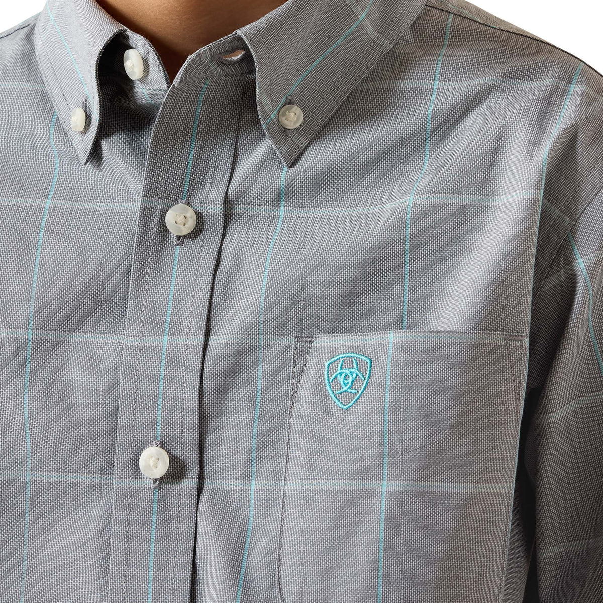 Ariat Boys Pro Series Percie Shirt in Excalibur plaid, featuring long sleeves and button-up design with a colorful plaid pattern.