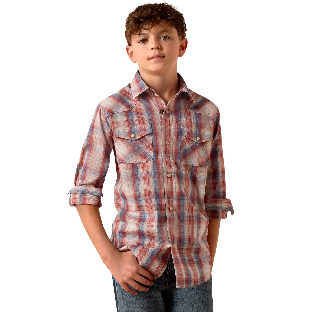 Ariat boys' retro Hodge shirt in brick red plaid, casual long-sleeve shirt for kids with classic pattern and button-front design.