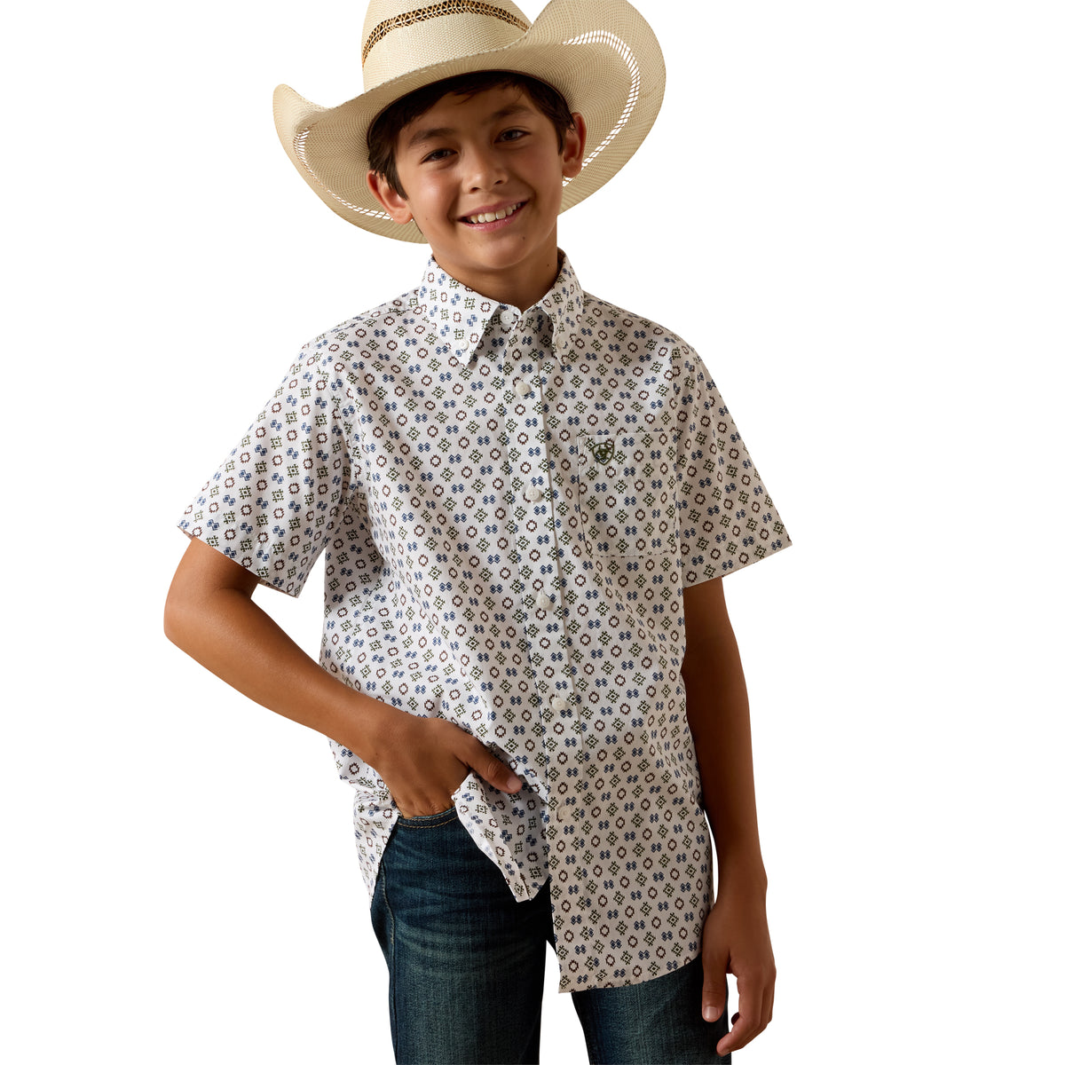 Ariat boys Seton shirt in white with Southwest motif print, casual long-sleeve shirt for kids, featuring Western-inspired design.