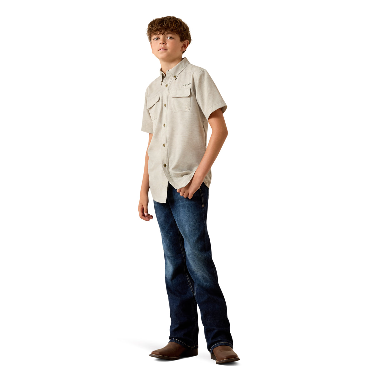 Ariat boys VenTEK Outbound Heathered classic fit green shirt with long sleeves and button-up front.