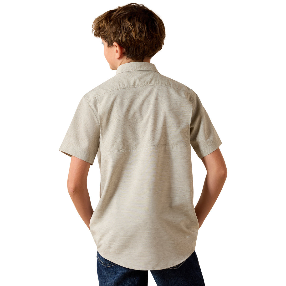 Ariat boys' green VenTEK Outbound Heathered classic fit shirt with button-up front and collar, designed for casual wear.