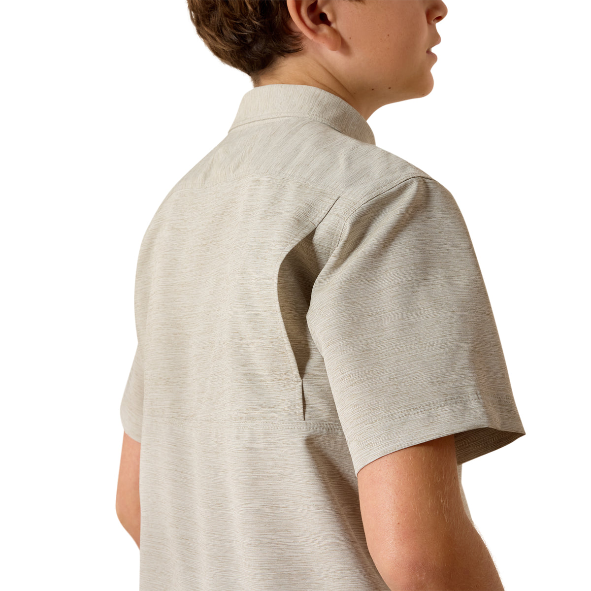 Ariat boys' green VenTEK Outbound heathered classic fit shirt with collar and long sleeves, casual style for kids.