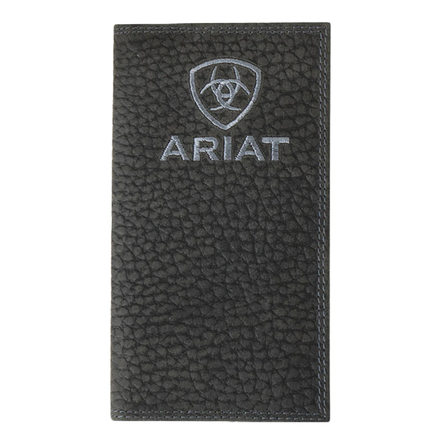 Black Ariat Bull Hide Rodeo Wallet by M&F, featuring rugged leather design and multiple card slots.