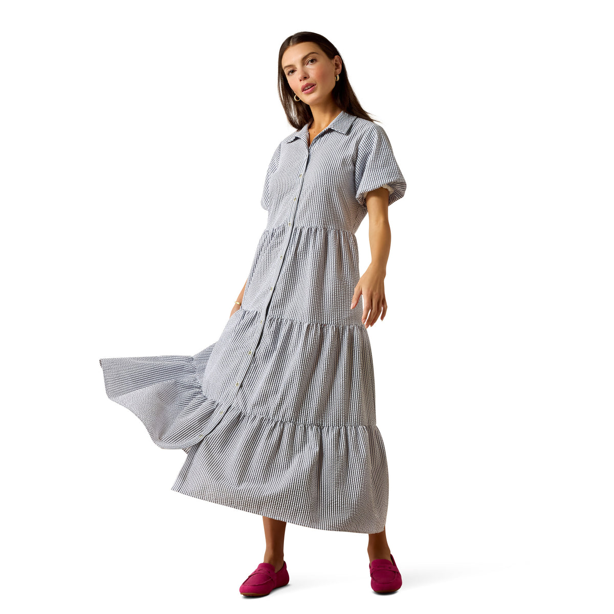 Ariat Countryside Women's Dovestone Dress displayed on a hanger, featuring a casual, comfortable fabric with a relaxed fit.