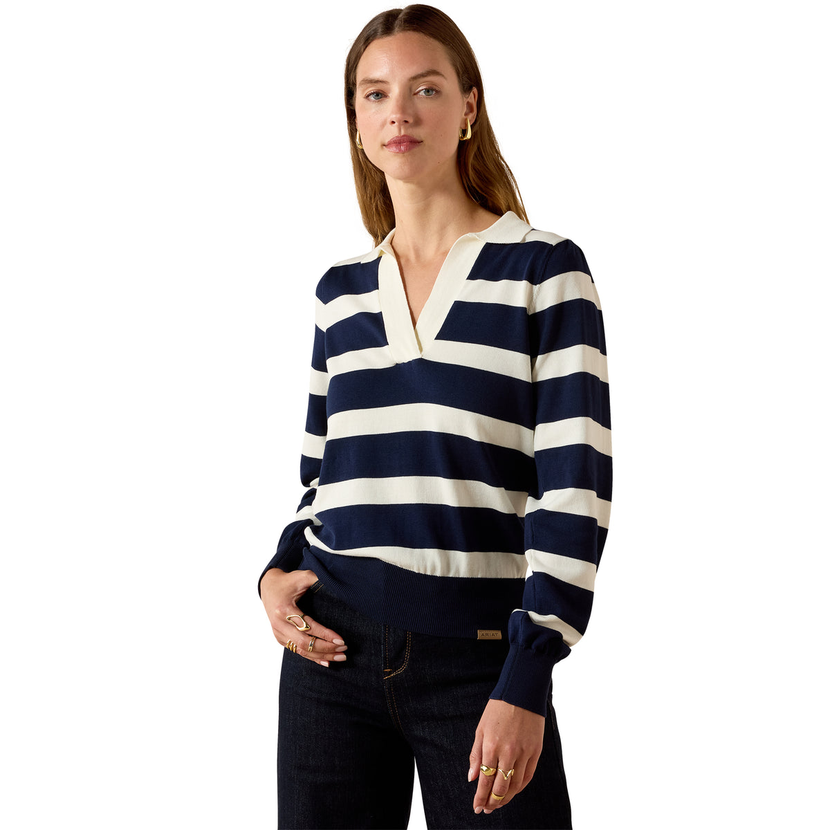Ariat Countryside Women's Langsett Sweater, cozy knit sweater in neutral tones, featuring a high neckline and ribbed cuffs.