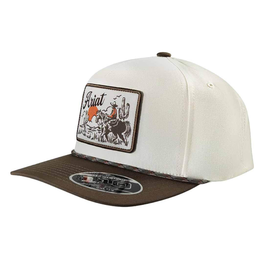 Ariat men's desert patch snapback baseball cap with adjustable strap and desert-themed patch on front, black color.
