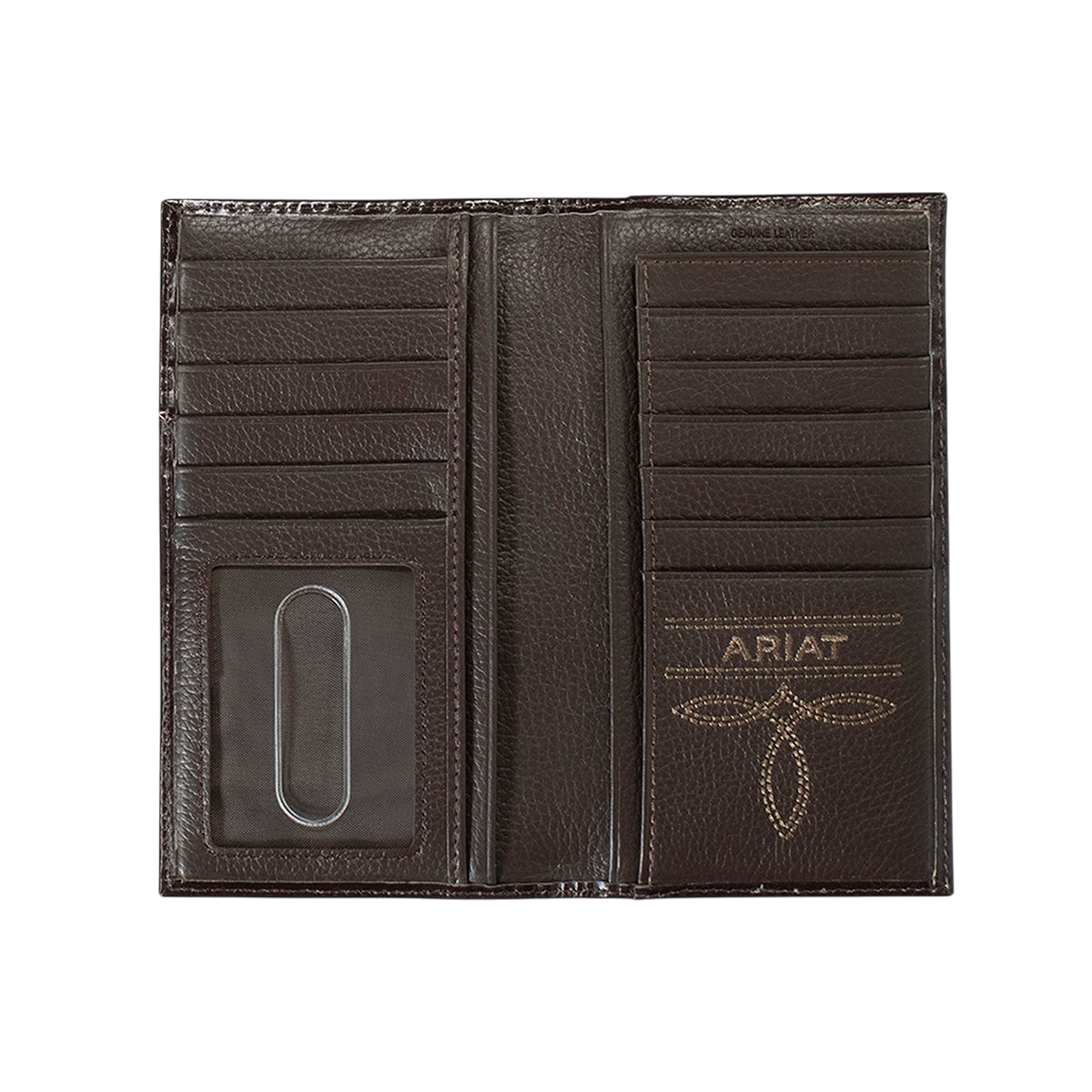 Ariat distressed American flag rodeo wallet from M&F, featuring rugged leather with patriotic American flag design.