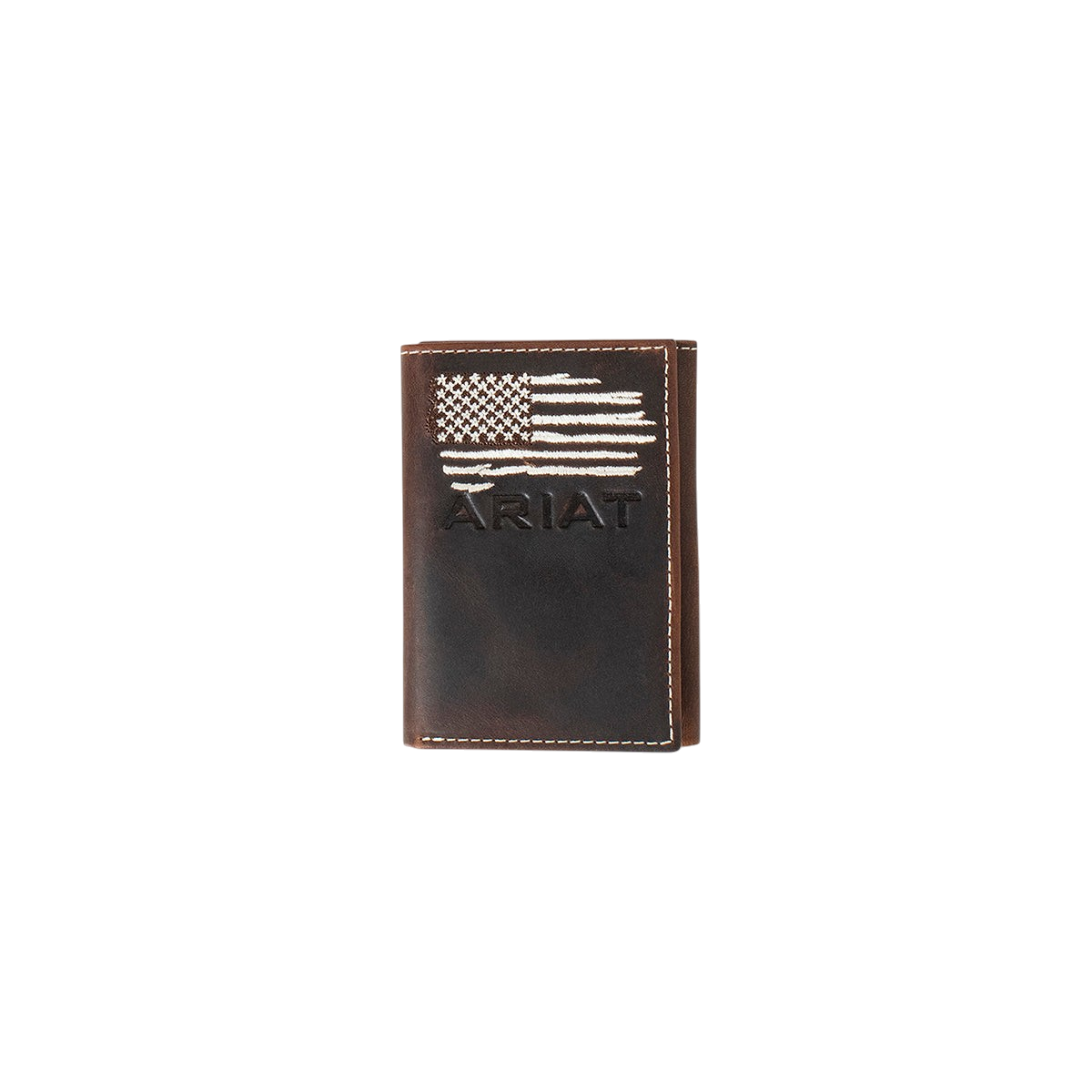 Ariat distressed flag trifold wallet from M&F with rugged leather finish and multiple card slots, featuring a patriotic flag design.
