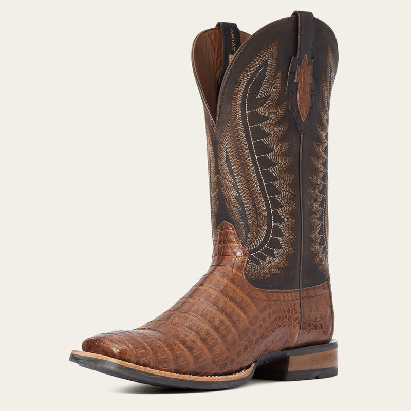 Ariat Double Down Western Boot in caramel caiman belly leather, showcasing the detailed cowboy boot design with stitching and rugged sole.