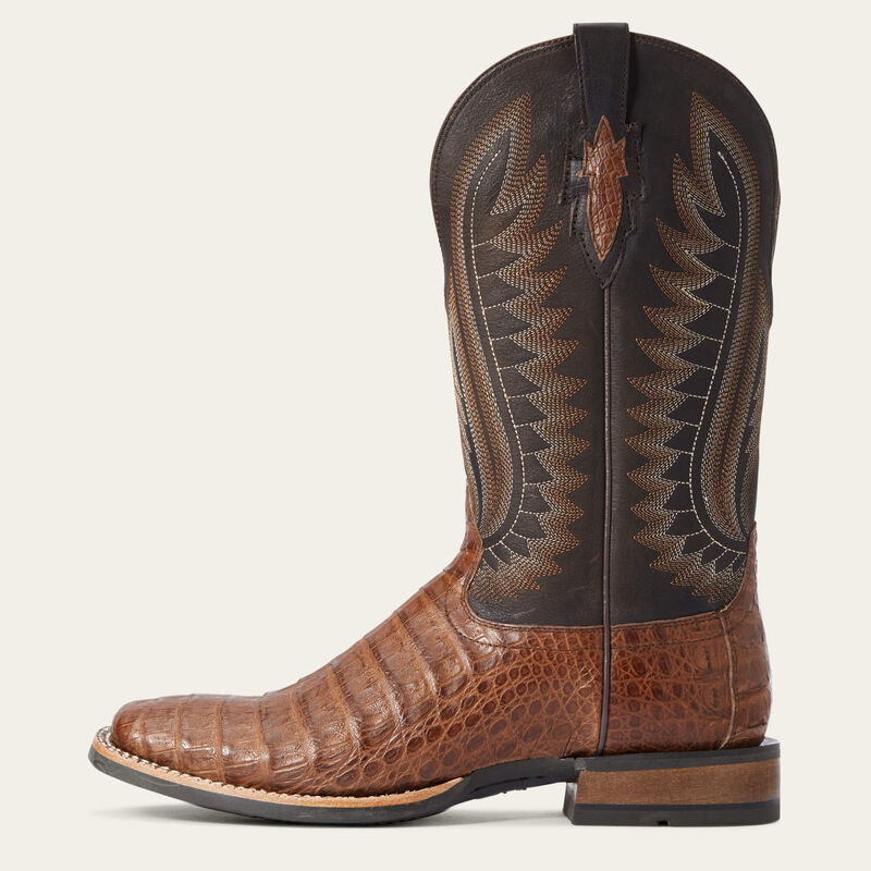 Ariat Double Down Western Boot in caramel caiman belly leather, featuring classic Western boot design and detailed stitching.