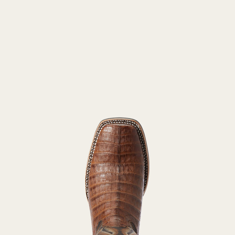 Ariat Double Down Western Boot in caramel caiman belly leather, showcasing detailed cowboy boot design and stitching.