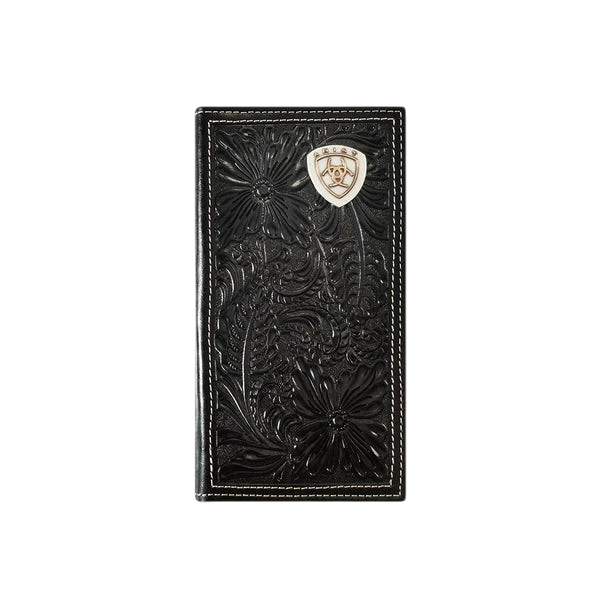 A black Ariat floral embossed rodeo wallet with detailed floral patterns and embossed leather texture.