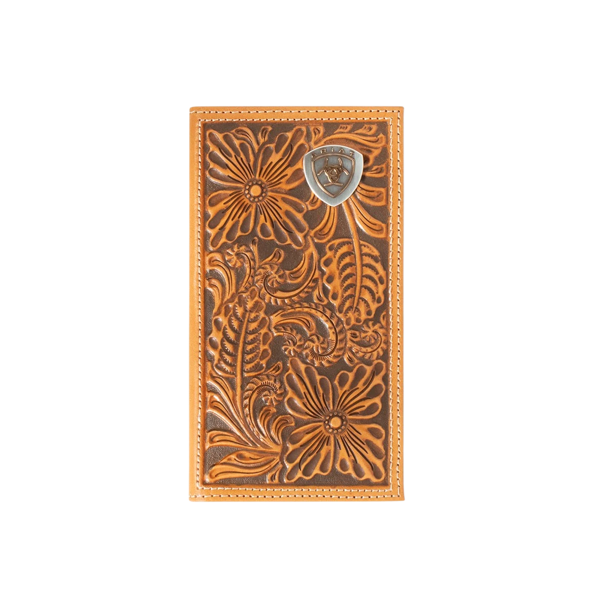 Ariat floral embossed rodeo wallet by M&F showing detailed floral patterns on genuine leather with multiple card slots.
