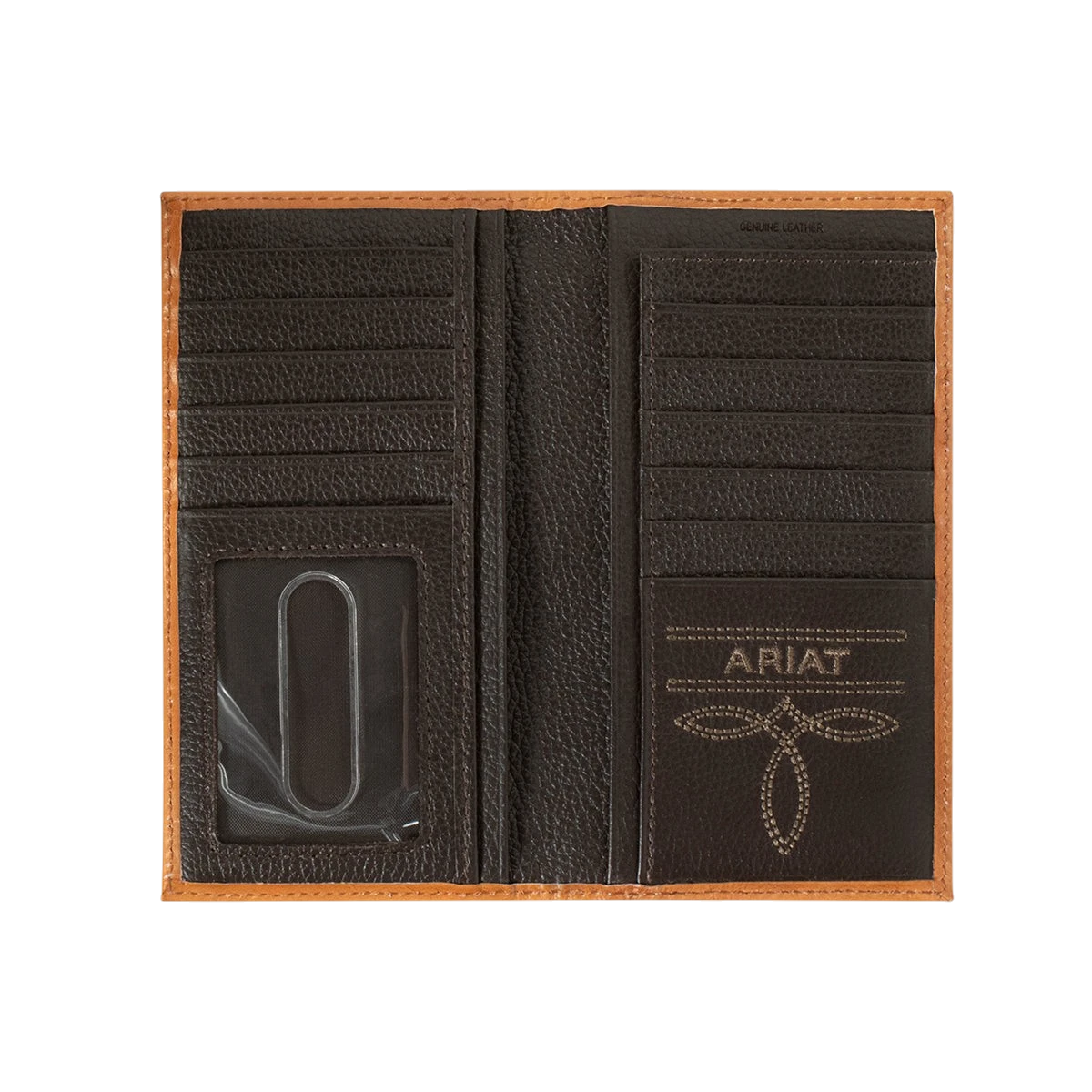 Ariat floral embossed rodeo wallet by M&F, showcasing detailed floral patterns on the leather surface.