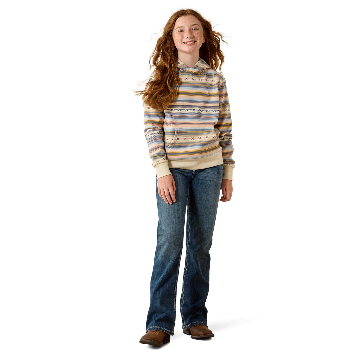 Ariat Girls 2.0 Hoodie in multicolor serape pattern, soft fabric with hood and long sleeves, perfect for casual wear.