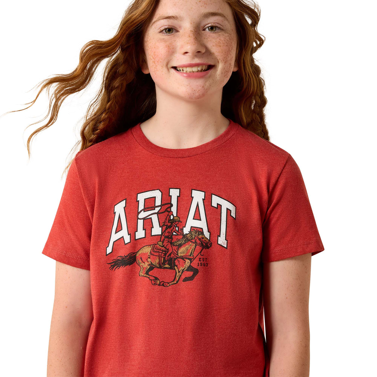 Ariat girls' cowgirl rider T-shirt in Tabasco color, with a western-inspired design, made of soft cotton fabric.