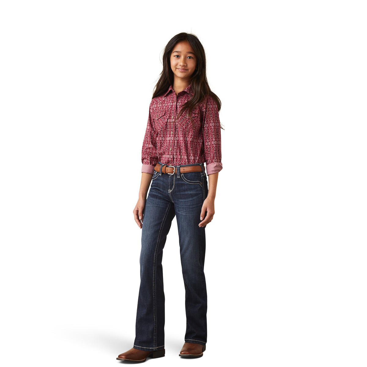 Ariat Girls R.E.A.L Brianna boot cut jeans in Naomi style, blue denim with classic stitched back pockets and belt loops.