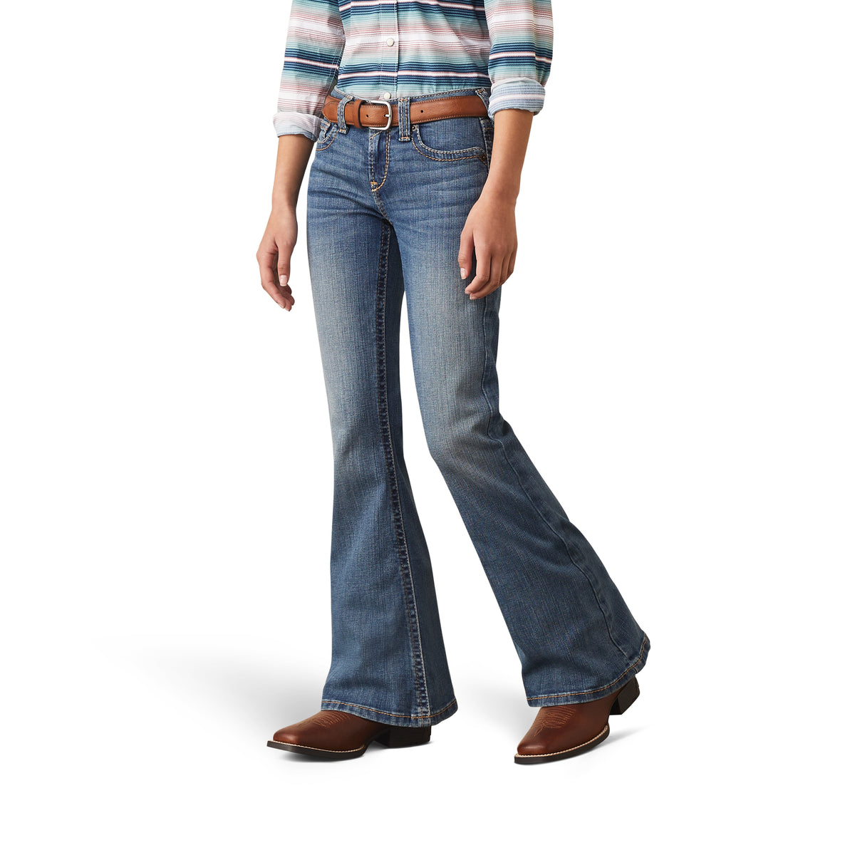 Ariat Girls R.E.A.L Hallie Flare Jean in Eleanor style, denim jeans with a fitted waist and flared leg for girls.