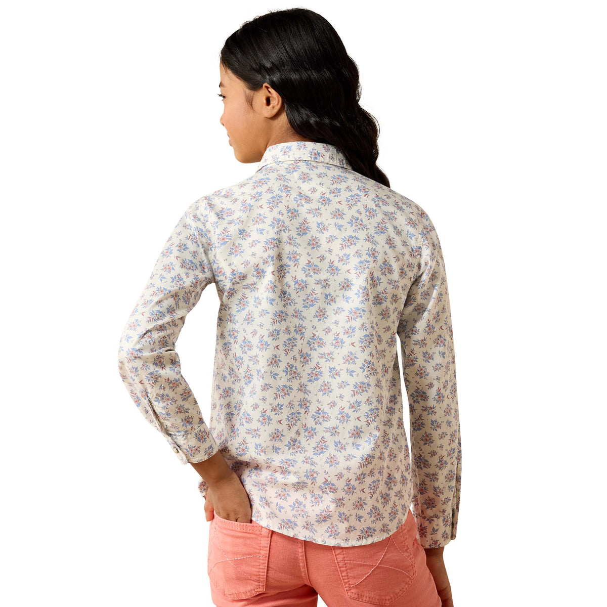 Ariat girls' Stardust shirt featuring a multicolor floral design, lightweight fabric, and long sleeves for a stylish, comfortable look.