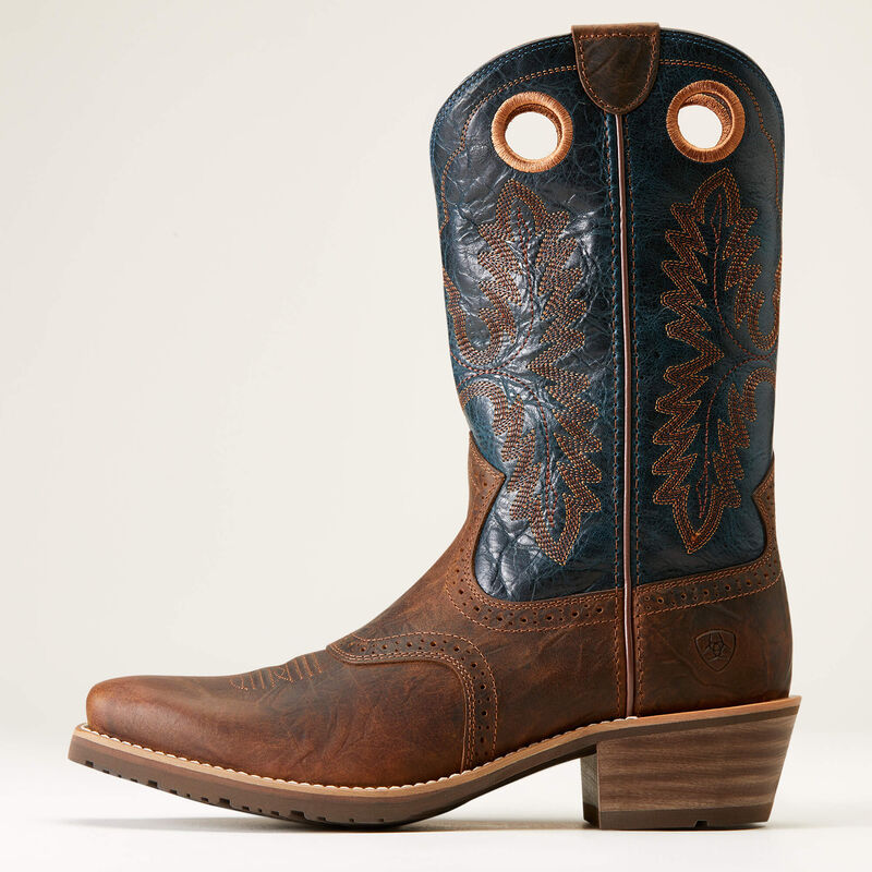 Ariat Hybrid Roughstock square toe cowboy boots in Fiery Brown Crunch, featuring rugged leather and Western stitching details.