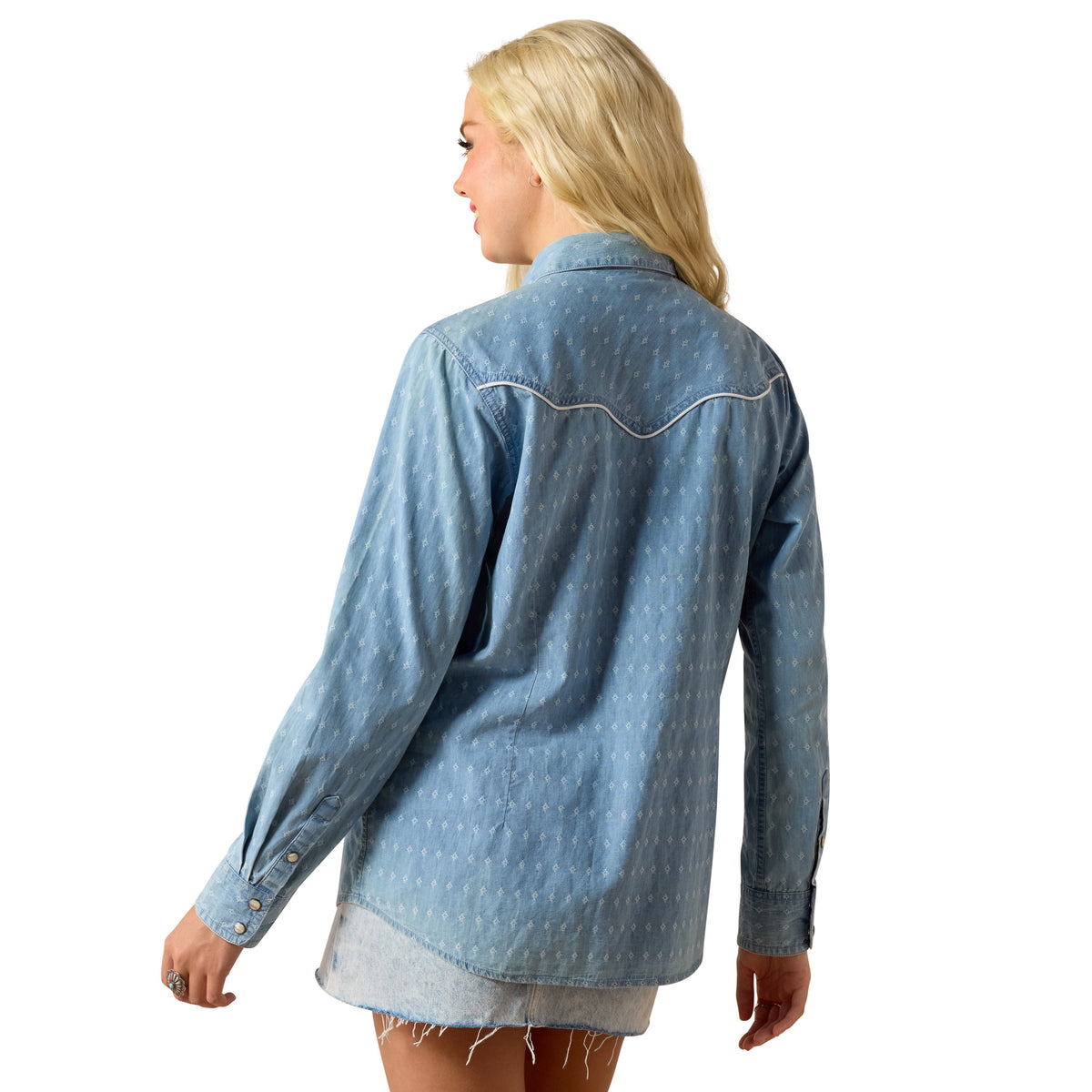 Ariat Jade Western Snap Shirt in chambray dobby fabric, featuring button snaps and Western style for casual or ranch wear.