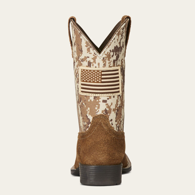 Ariat Kids Patriot Western Boots in antique mocha with sand camo print, featuring leather construction and Western-style design.