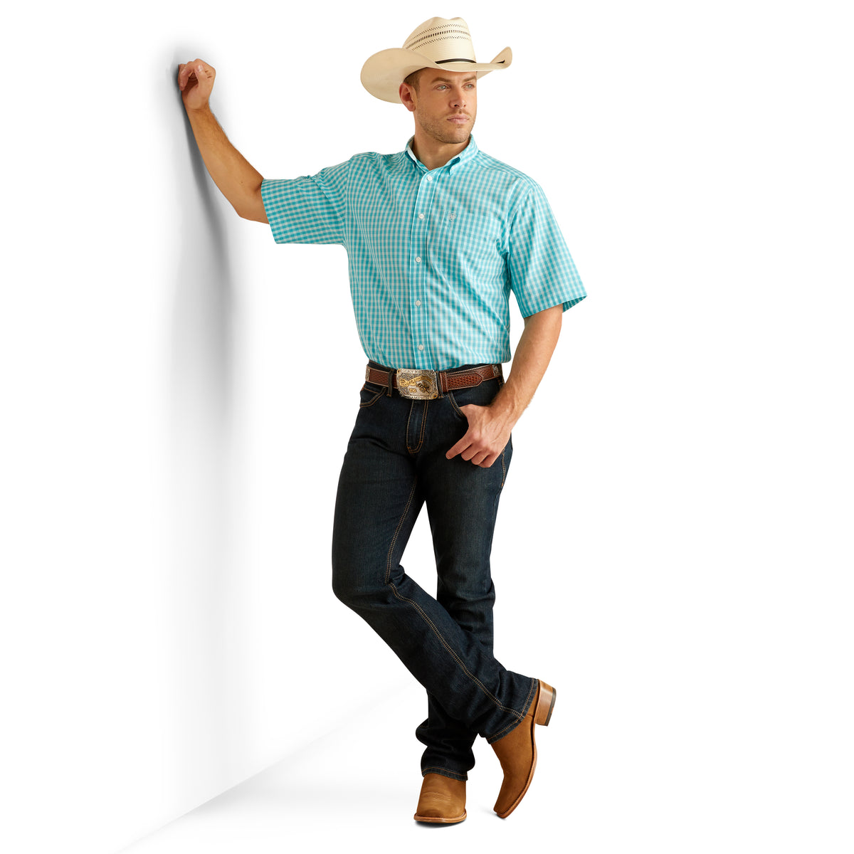 Ariat M4 Relaxed Stretch Pro Series Ray Bootcut Jeans in Blackstone, showcasing the dark denim fabric with a relaxed fit and bootcut style.