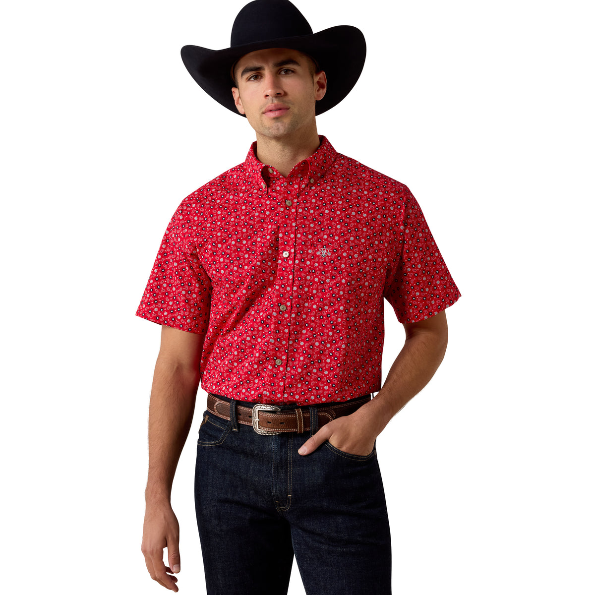 Ariat men's Barth fitted shirt in tango red with a mini paisley print, featuring a stylish and tailored design.