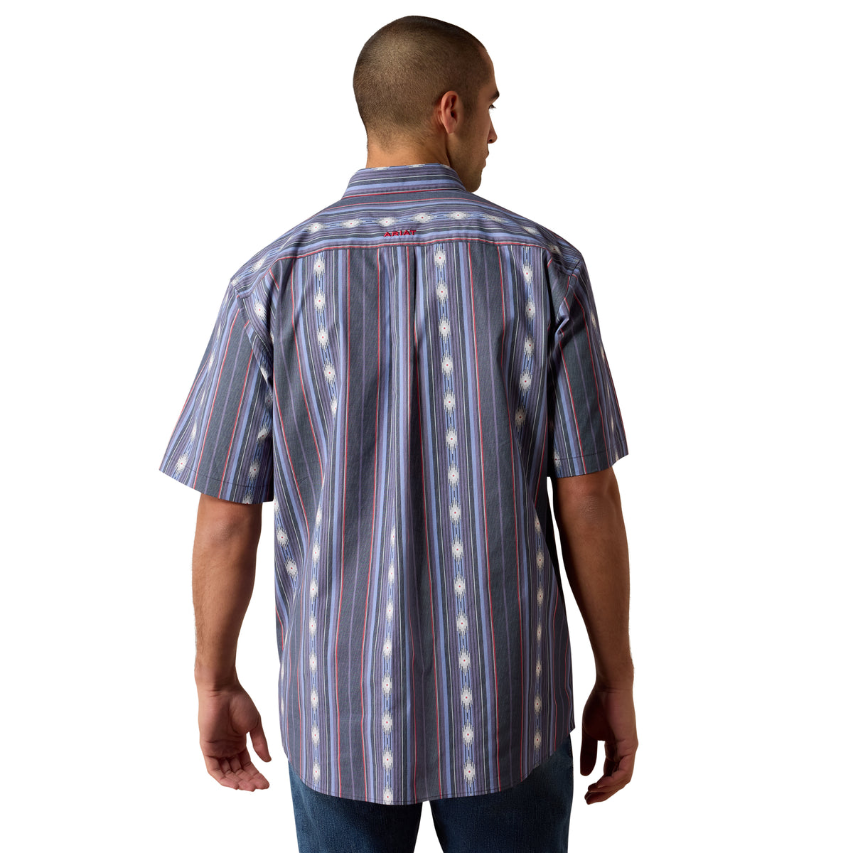 Ariat men's Berke classic fit shirt in evening blue with southwest stripe pattern, long-sleeve casual button-up shirt.