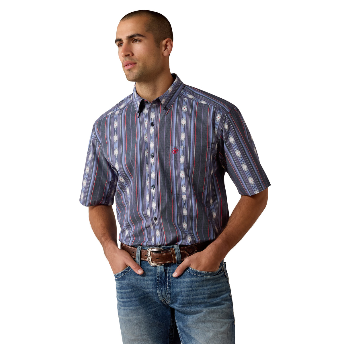 Ariat men's Berke classic fit shirt in evening blue with southwest stripe pattern, showcasing collar and button details.