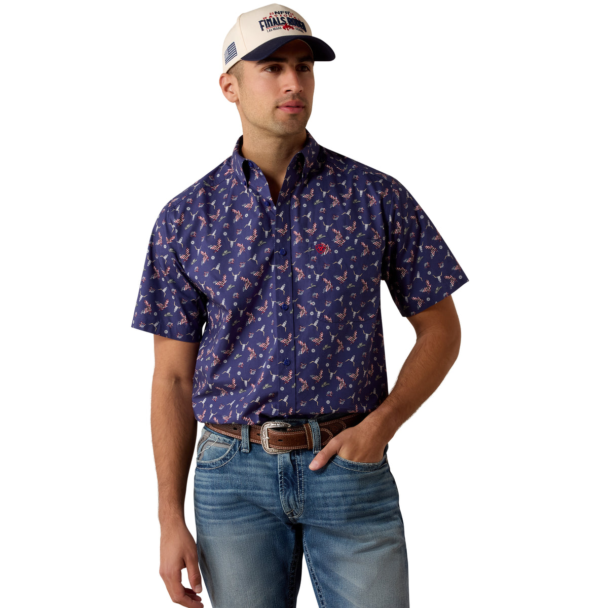 Ariat men's Berne fitted shirt in patriot blue with Americana print, featuring button-up design and long sleeves.
